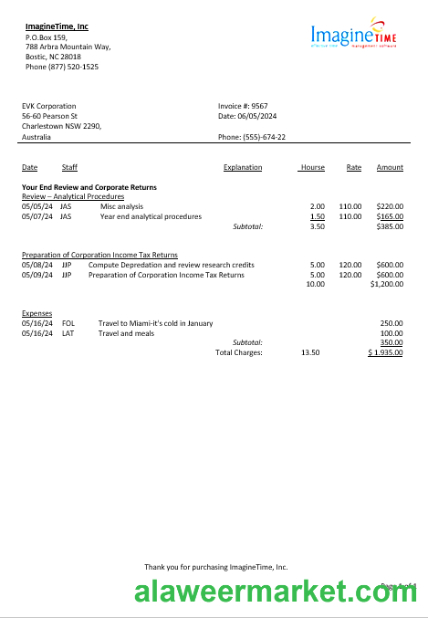 Australia Imagine Time business utility bill template in Word and PDF formats